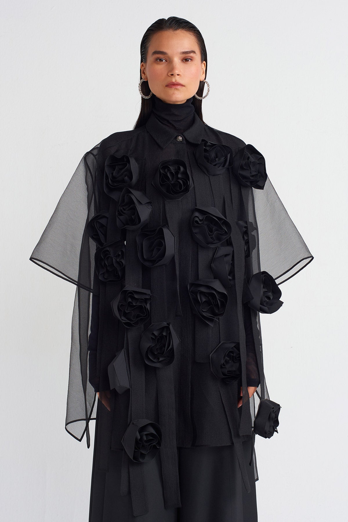 Black Rose Appliqué Organza Shirt-K241011071