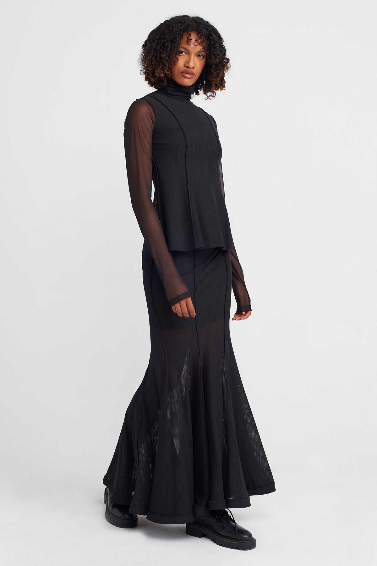 Black-Natur Embroidered Neckline Tulle Blouse-K251011022