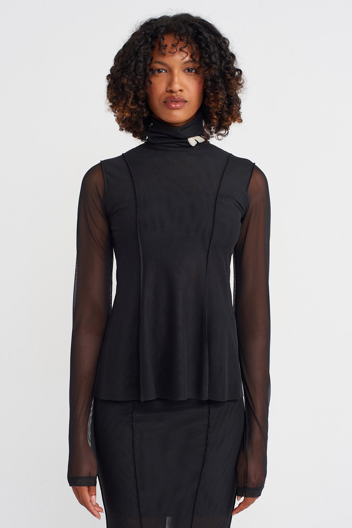 Black-Natur Embroidered Neckline Tulle Blouse-K251011022