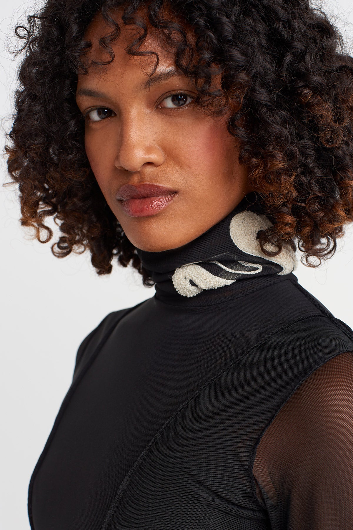 Black-Natur Embroidered Neckline Tulle Blouse-K251011022