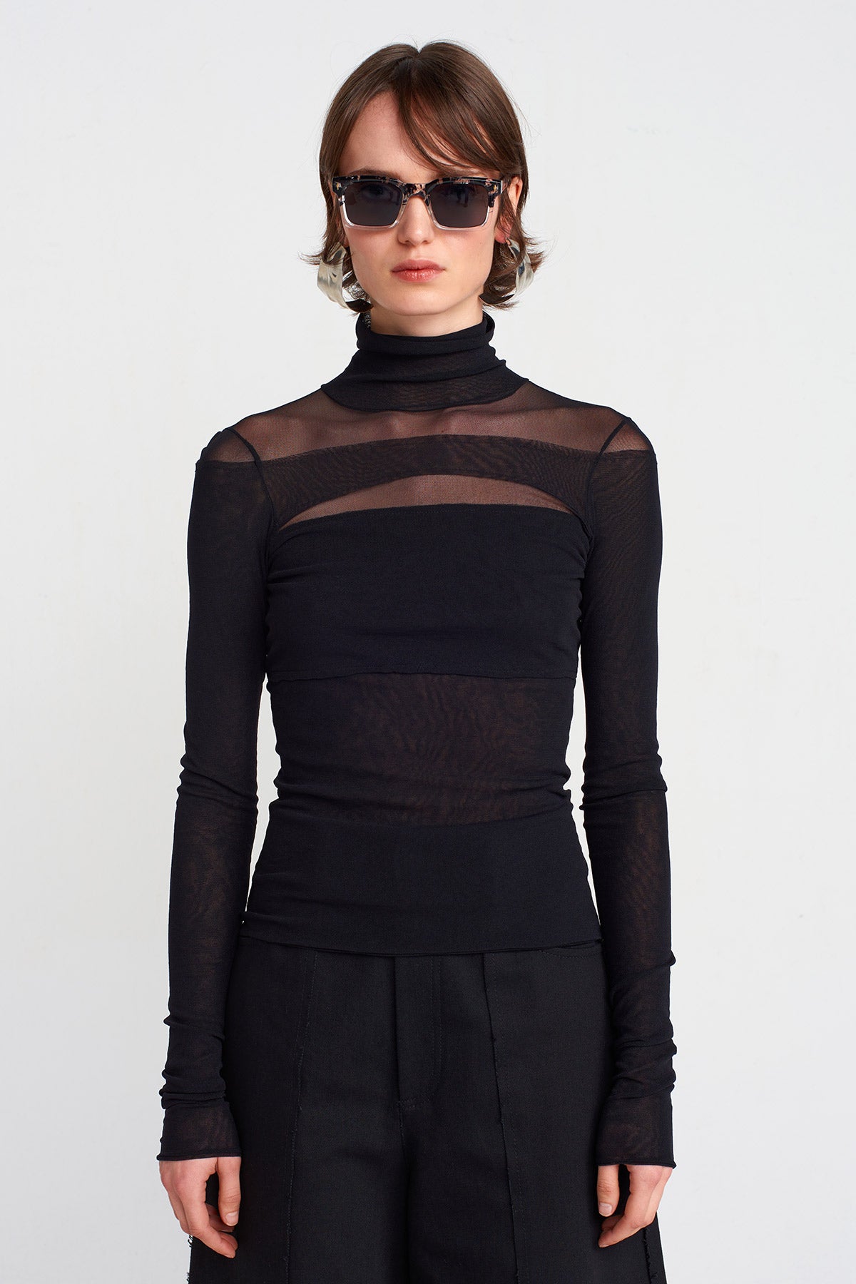 Black Paneled Sheer Bodysuit-K251011032