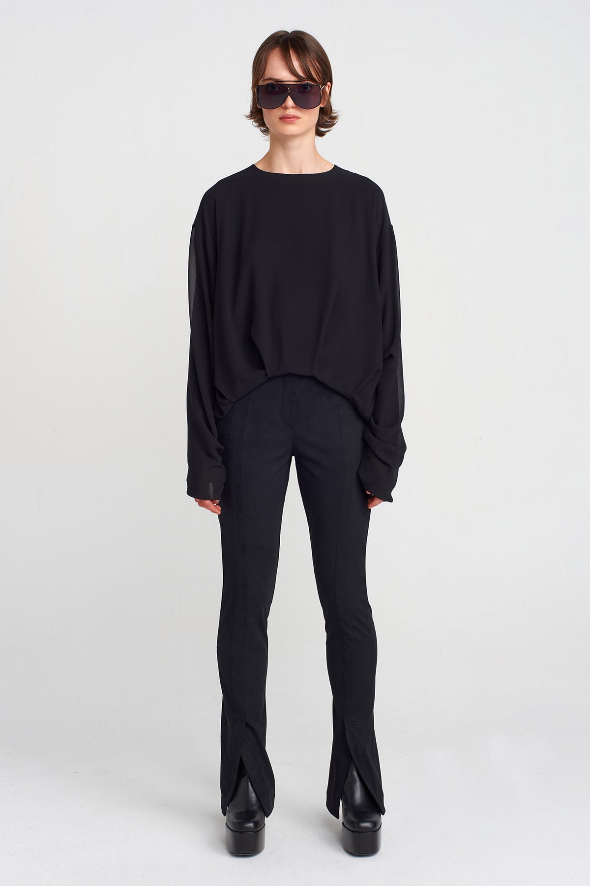 Black Long Sleeve Chiffon Blouse-K251011035