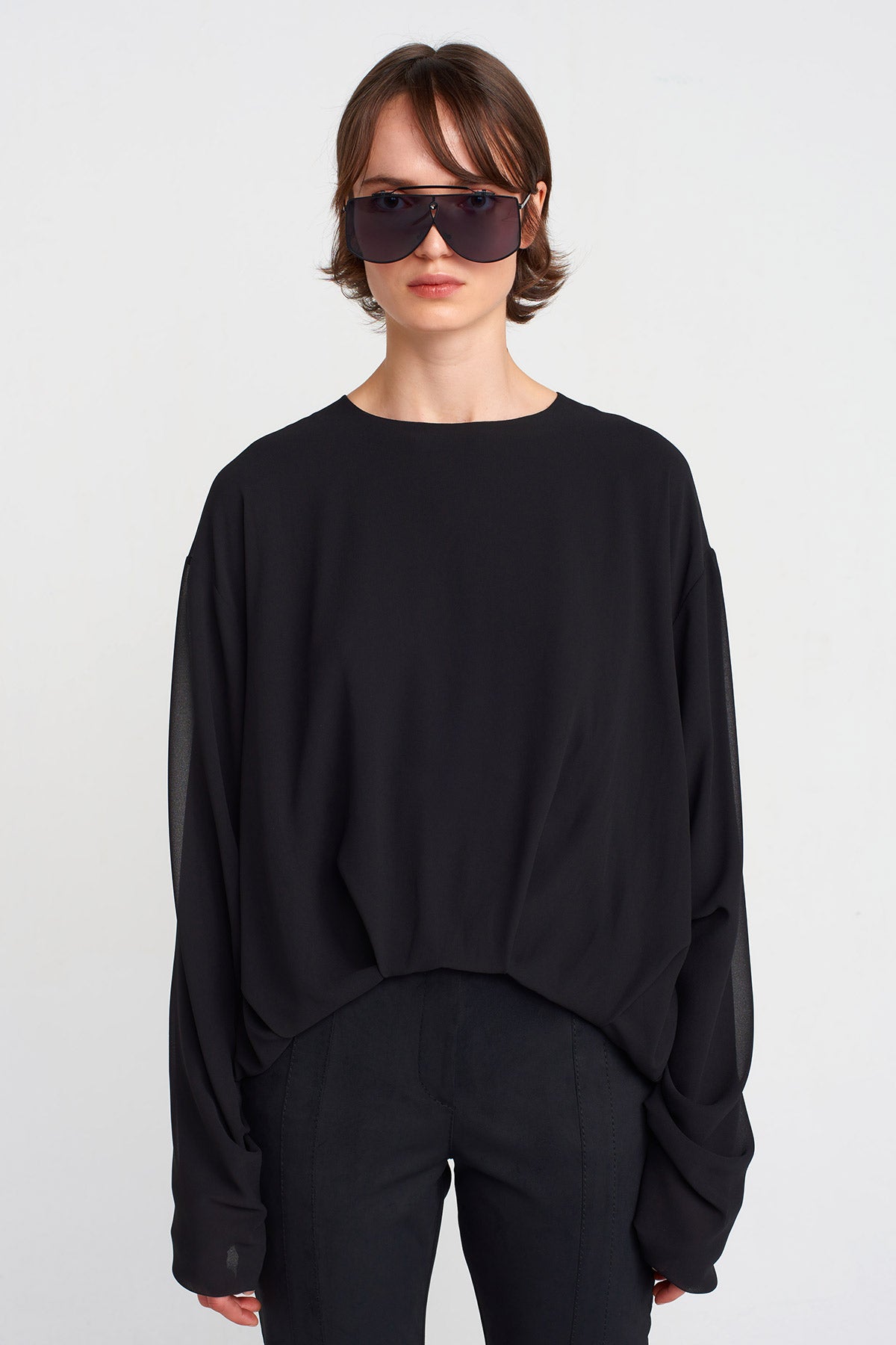 Black Long Sleeve Chiffon Blouse-K251011035