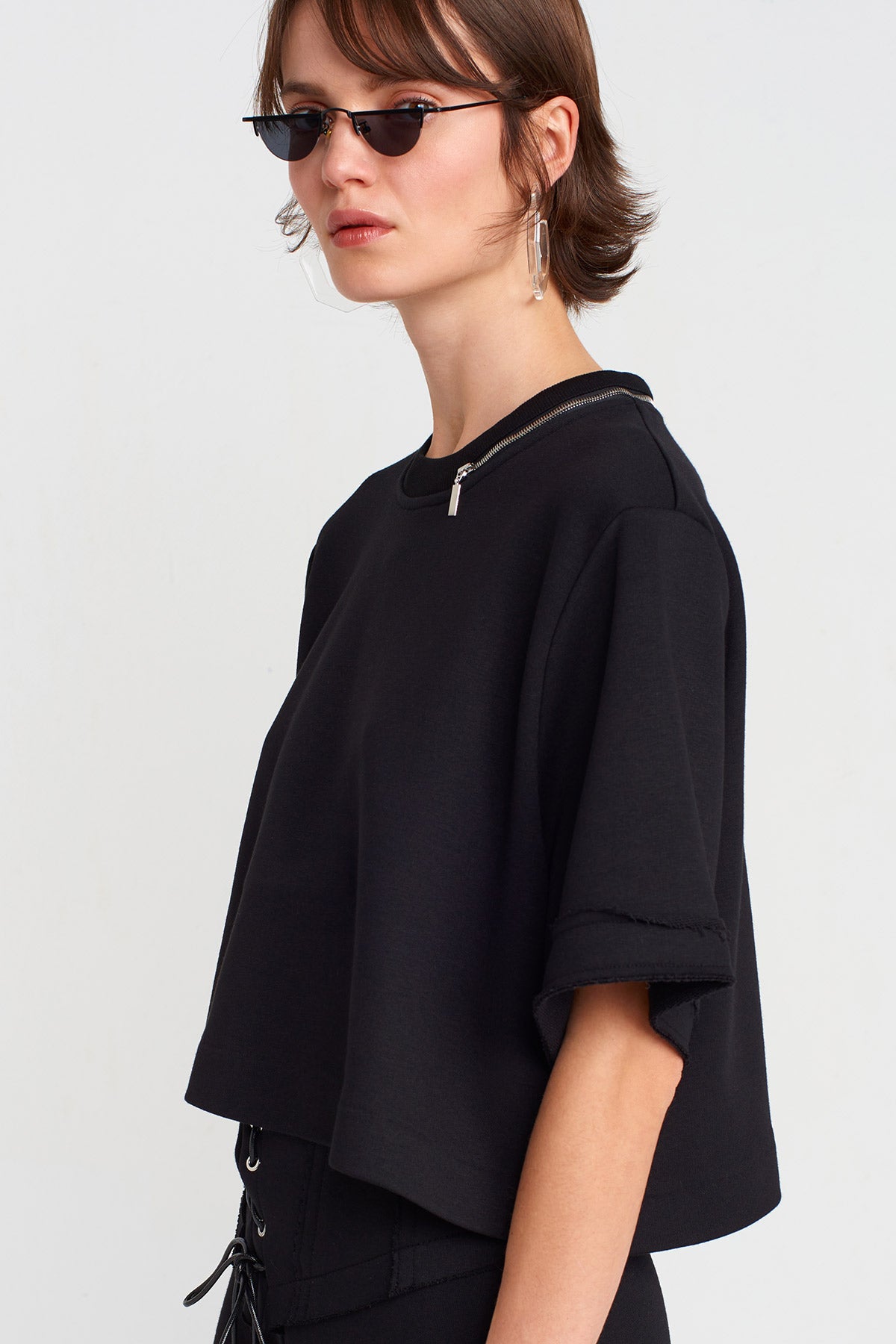 Black Zip-Detailed Corset T-shirt-K251011040