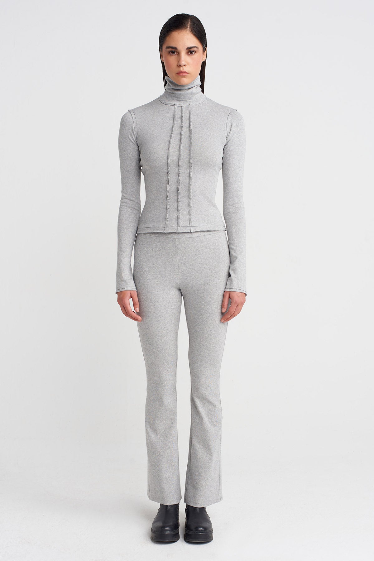 Light Grey Melange Turtleneck Raw Seam Bodysuit-K251011064