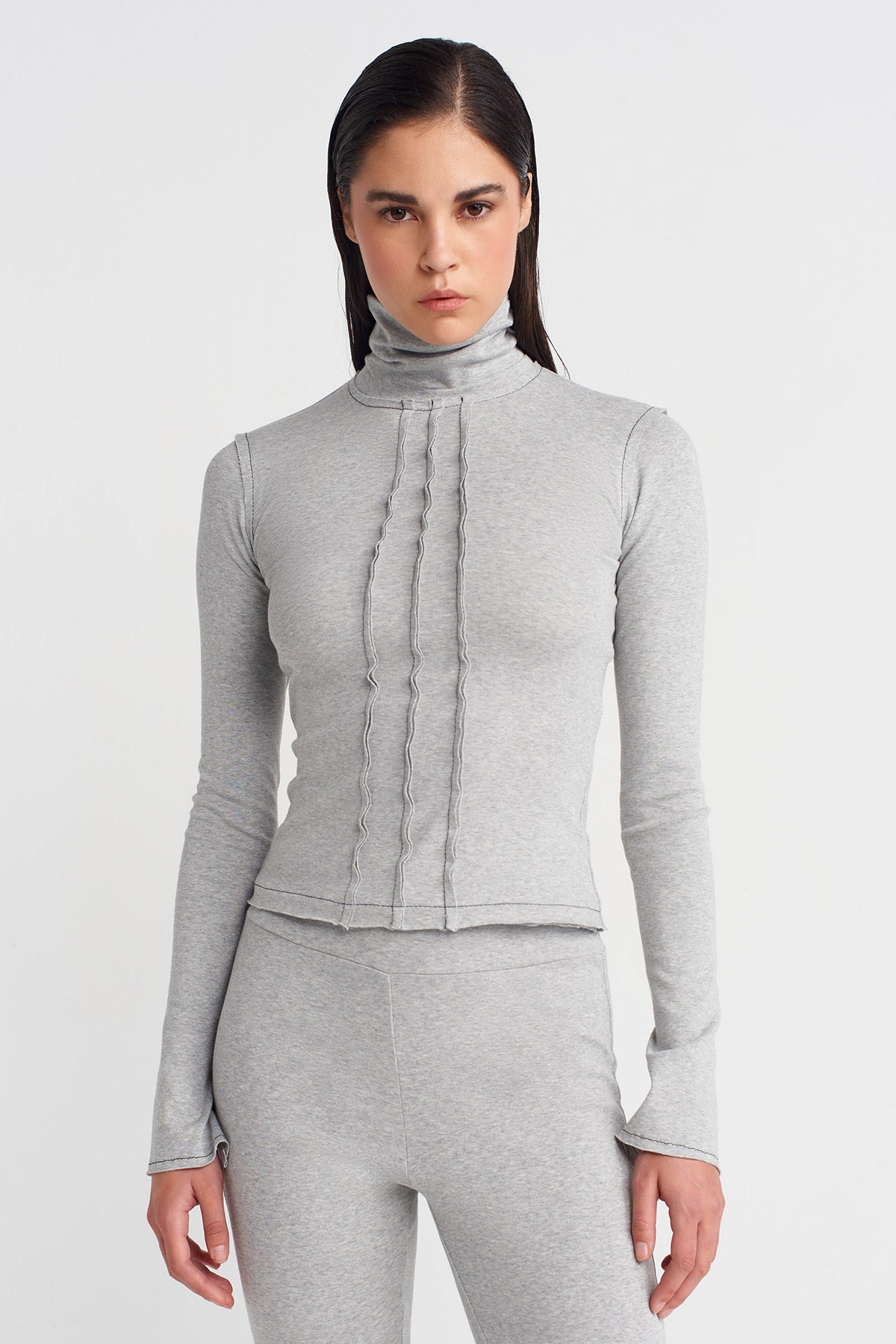 Light Grey Melange Turtleneck Raw Seam Bodysuit-K251011064