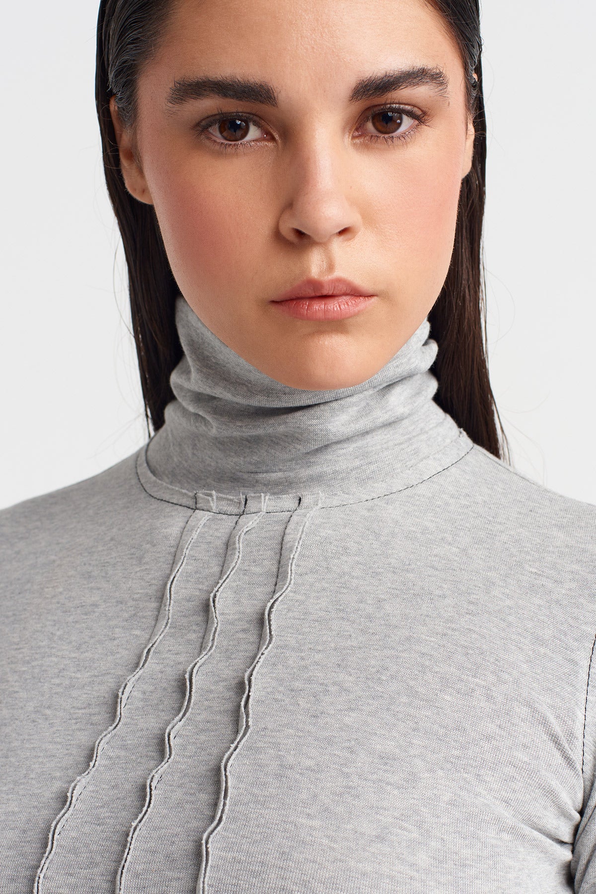 Light Grey Melange Turtleneck Raw Seam Bodysuit-K251011064