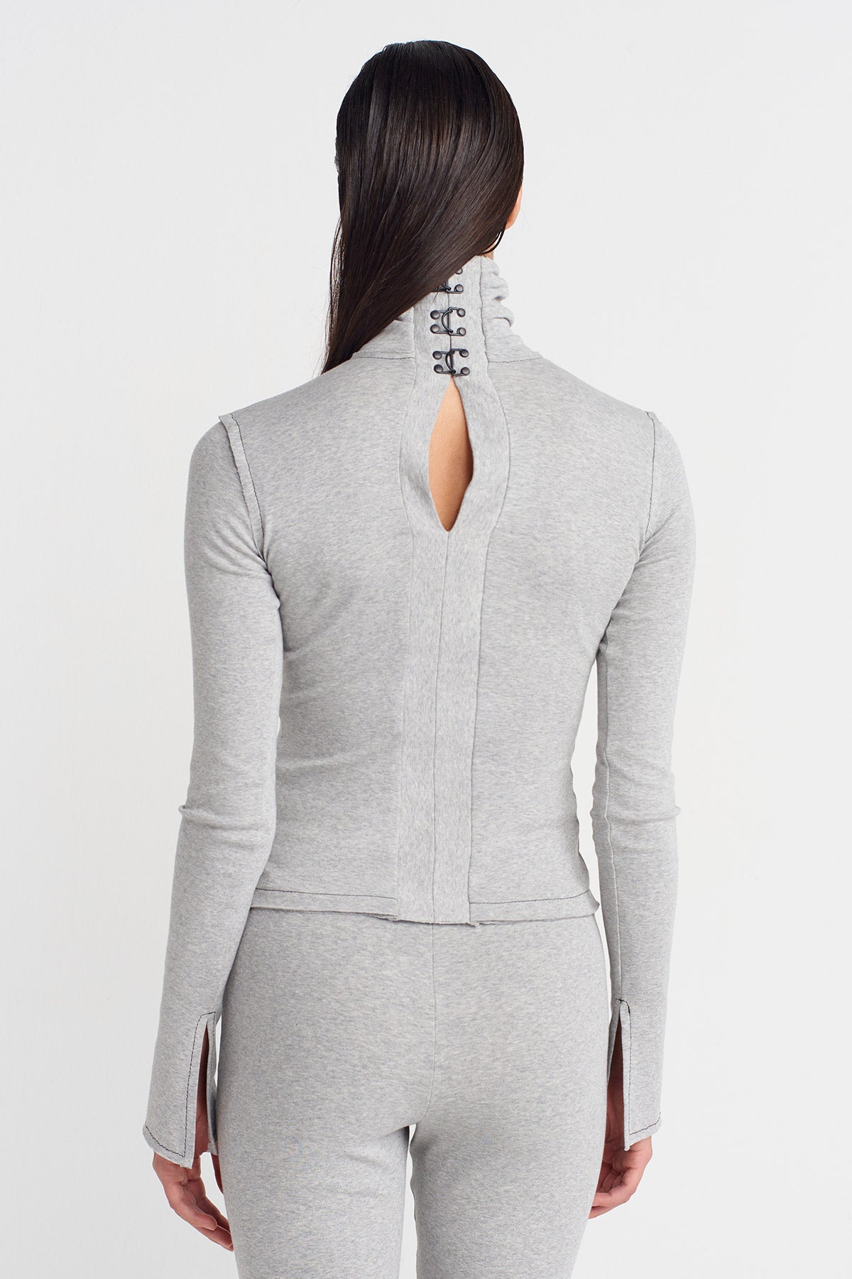Light Grey Melange Turtleneck Raw Seam Bodysuit-K251011064