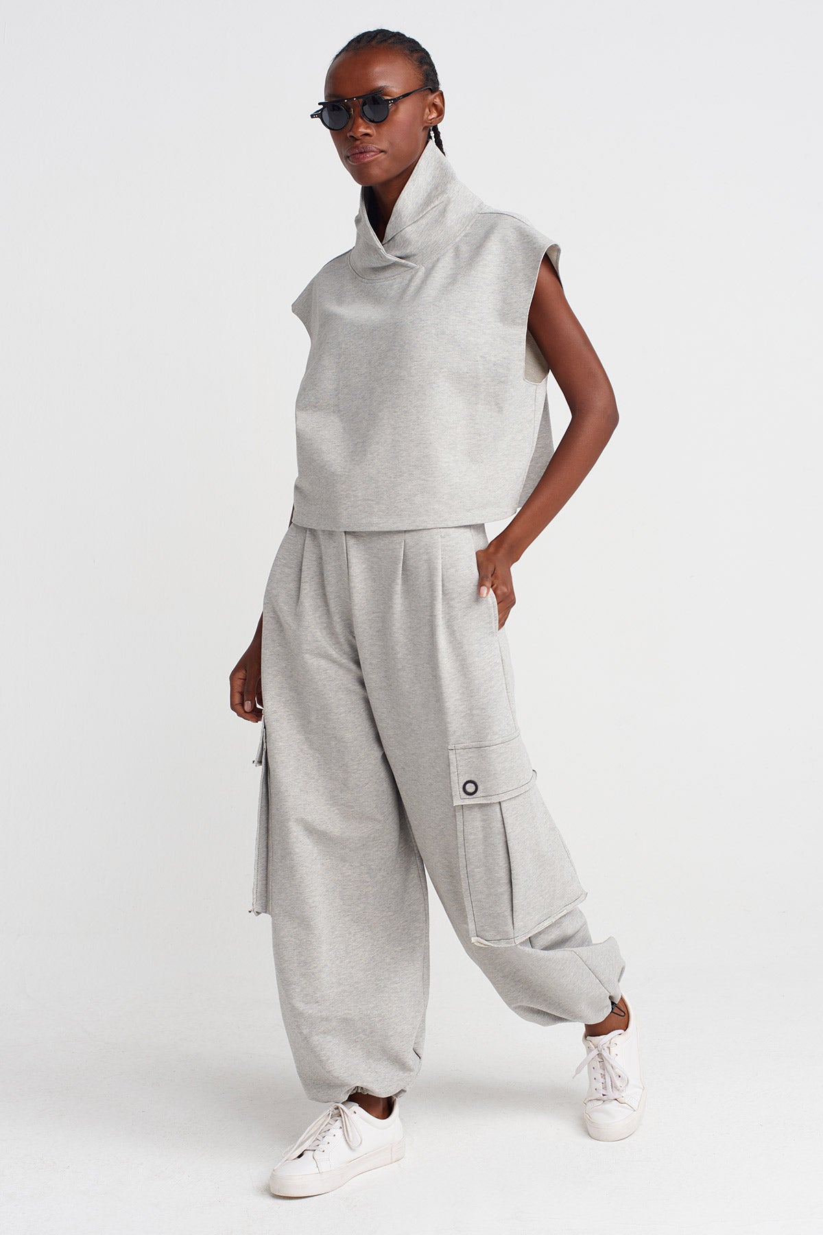 Light Grey Melange Sleeveless High Neck Heavyweight T-shirt-K251011065