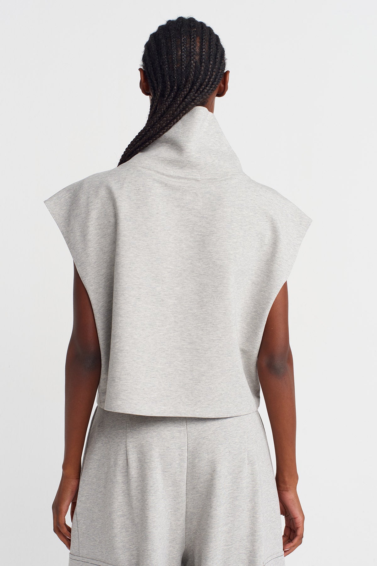 Light Grey Melange Sleeveless High Neck Heavyweight T-shirt-K251011065