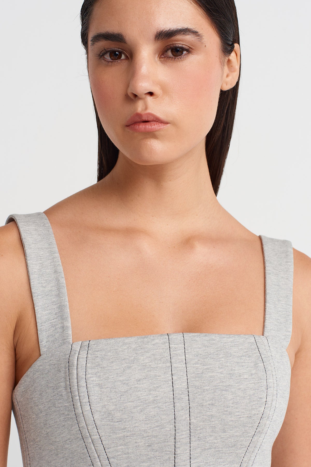 Light Grey Melange Thick-Strap Corset Top-K251011066