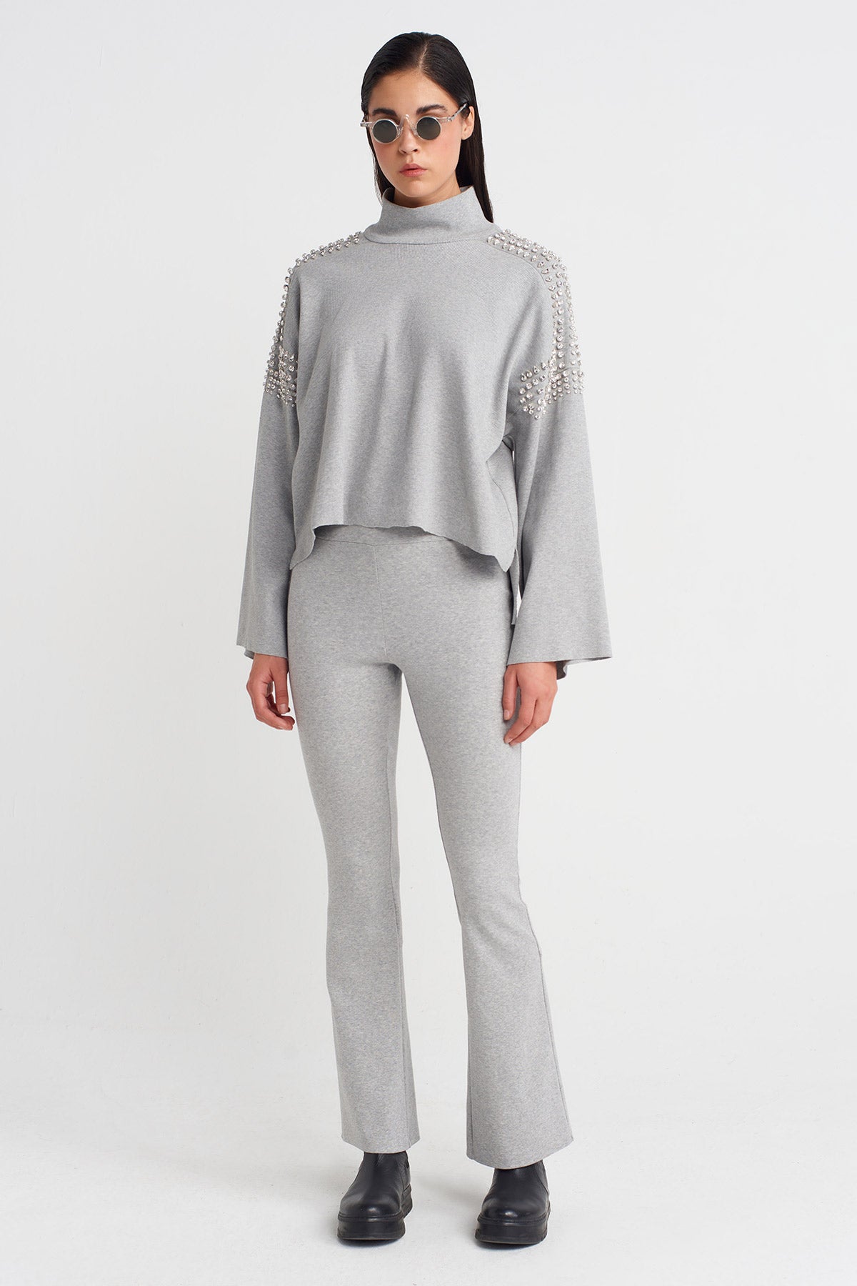 Light Grey Melange Ribbed Sweater with Embellished Shoulders-K251011067