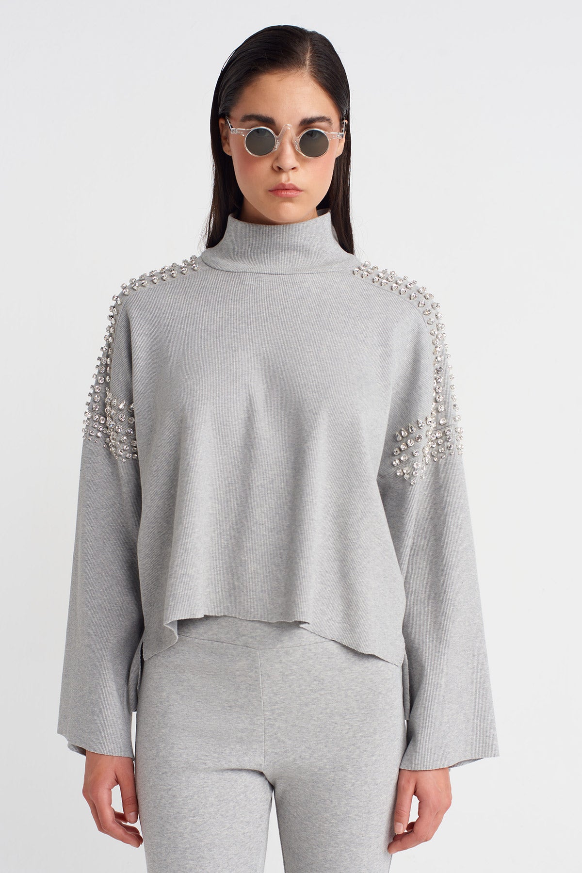 Light Grey Melange Ribbed Sweater with Embellished Shoulders-K251011067