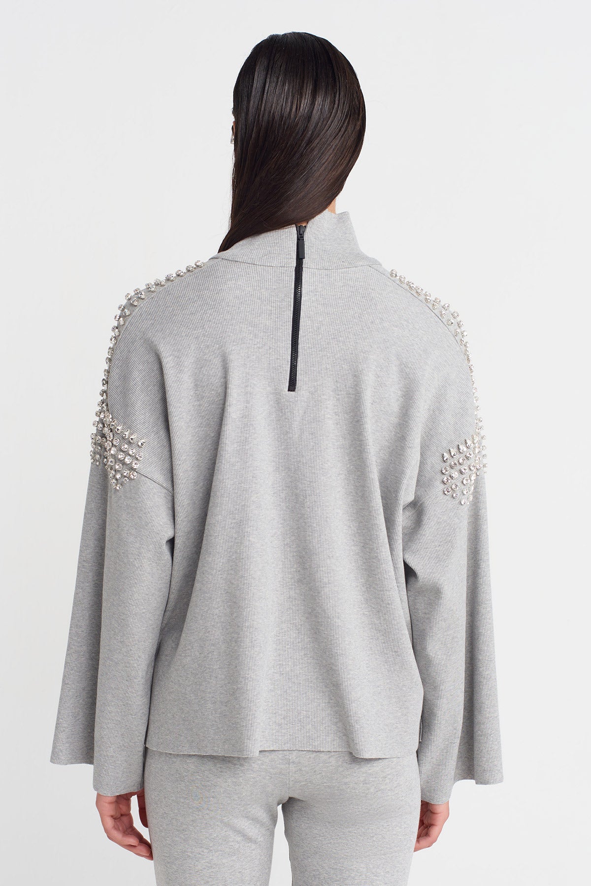 Light Grey Melange Ribbed Sweater with Embellished Shoulders-K251011067