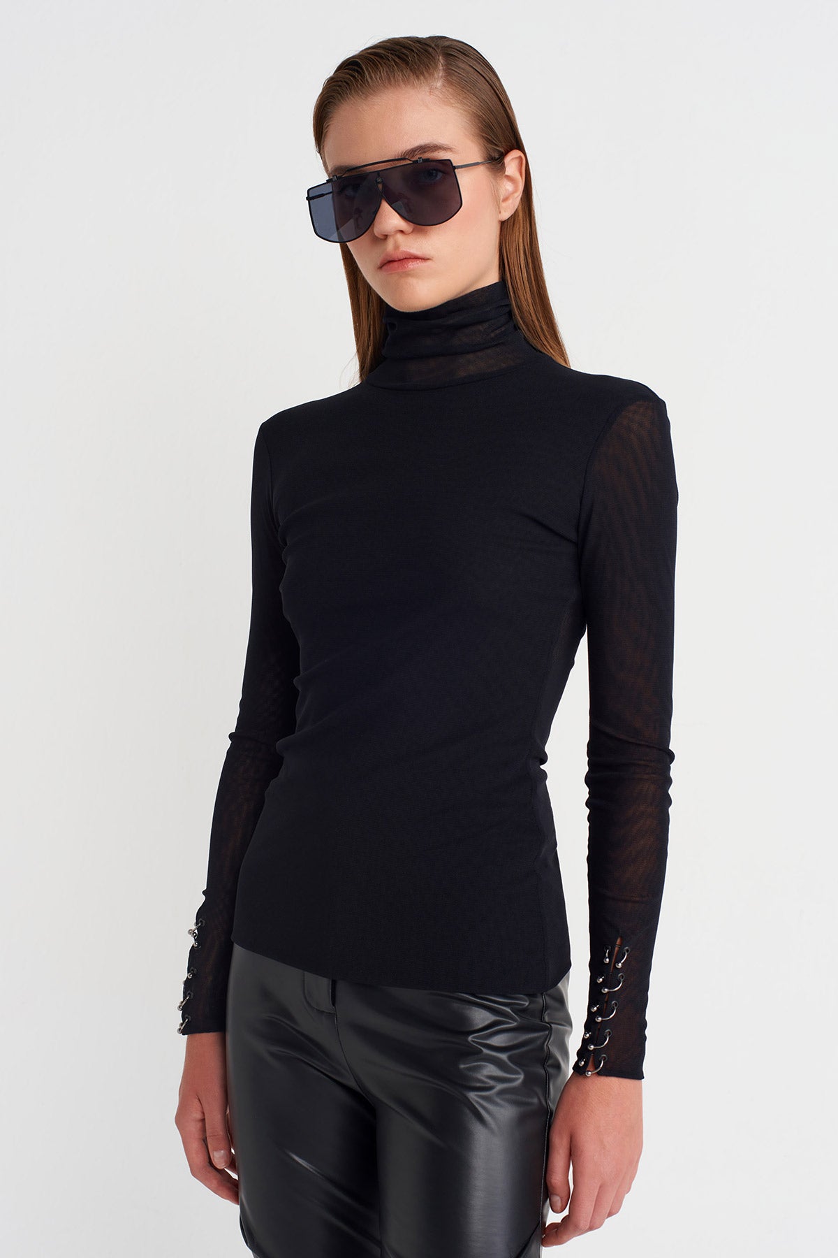 Black Sheer Bodysuit with Metal Sleeve Accents-K251011079