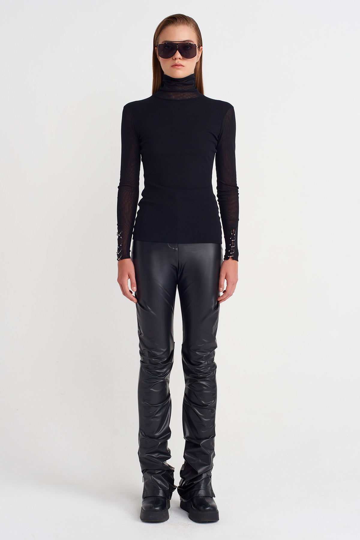 Black Sheer Bodysuit with Metal Sleeve Accents-K251011079