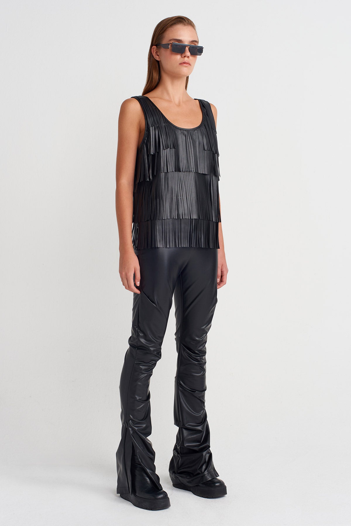 Black Vegan Leather Fringe Blouse-K251011080