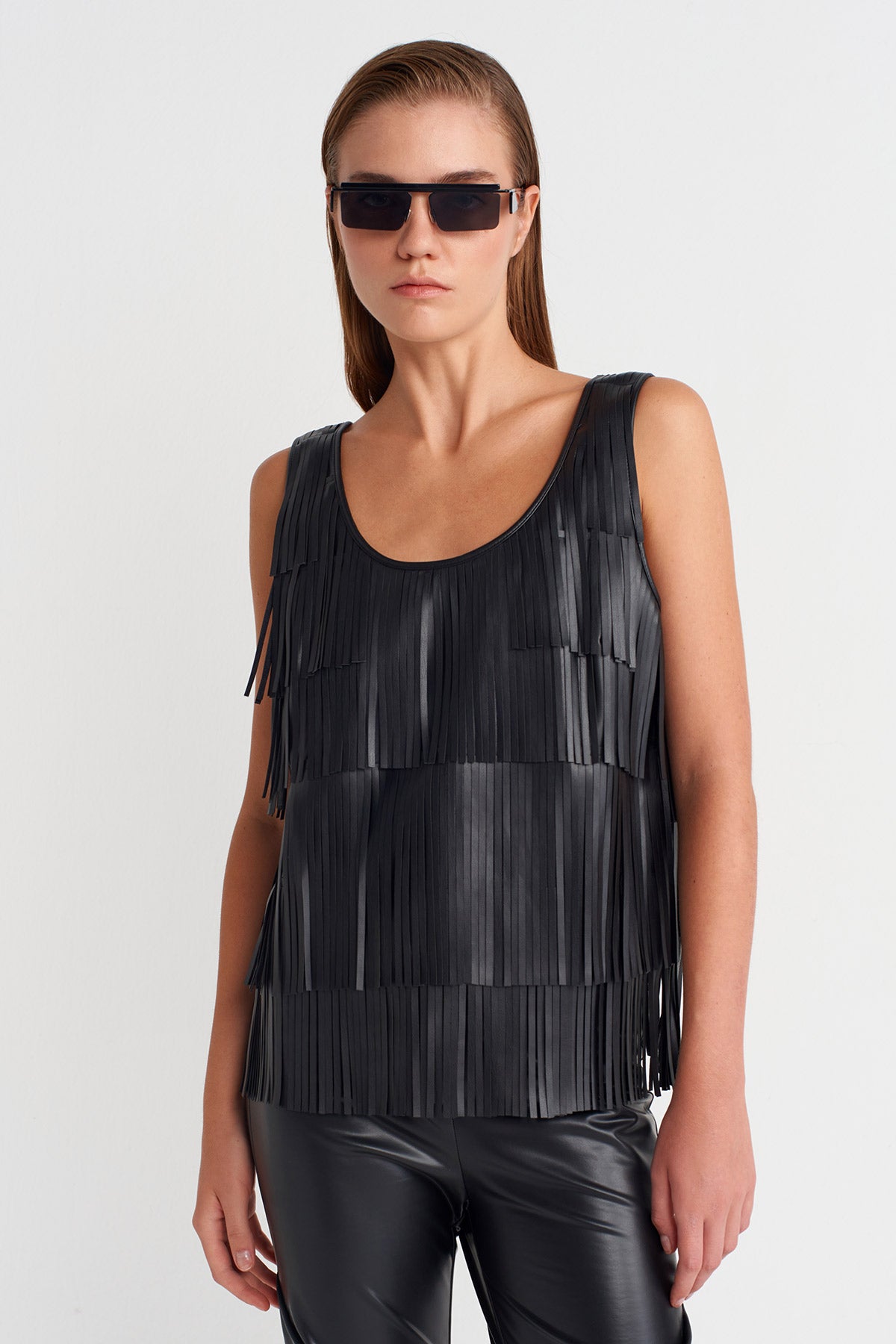 Black Vegan Leather Fringe Blouse-K251011080
