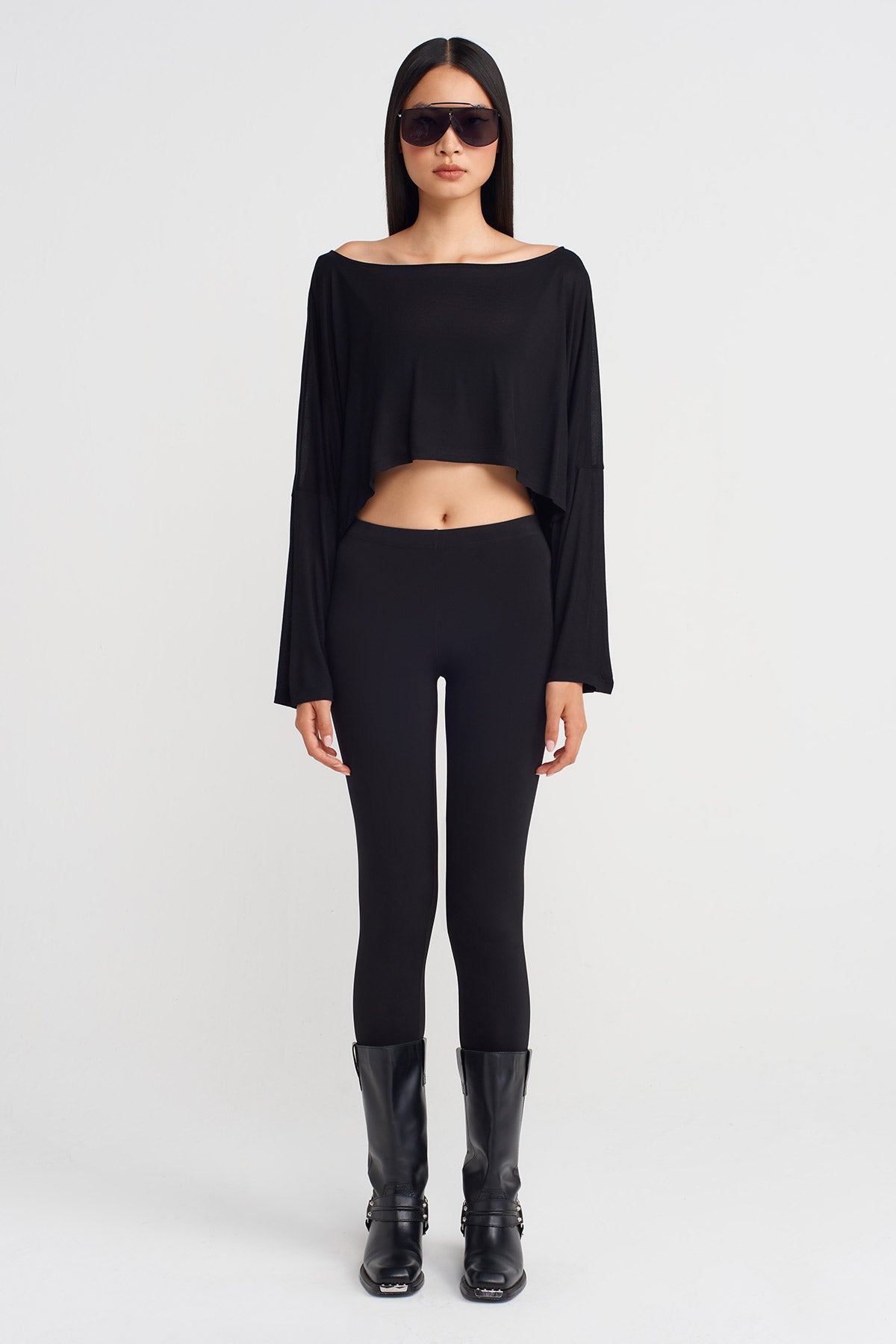 Black Long Sleeve Bamboo Crop Blouse-K251011083