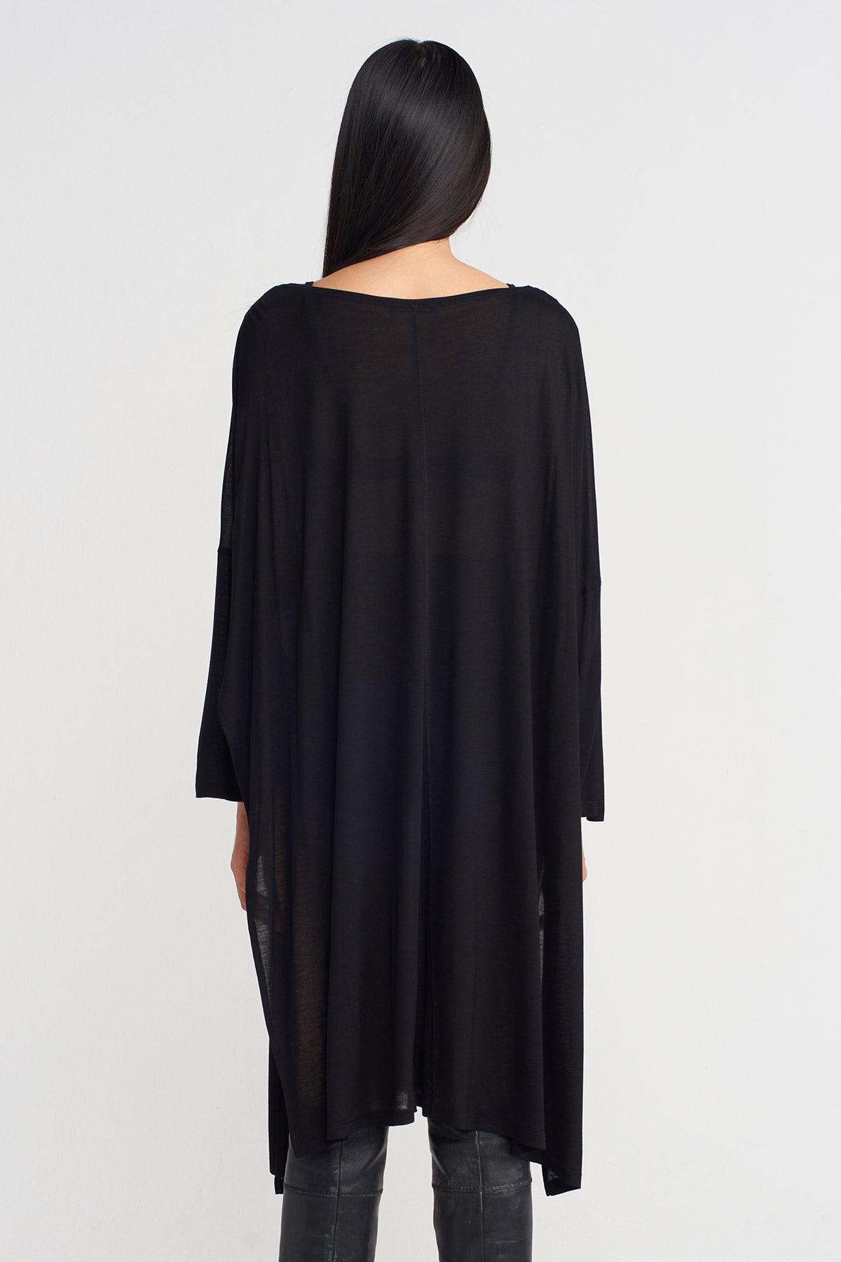 Black Oversized Bamboo Blouse with Deep Side Slits-K251011084