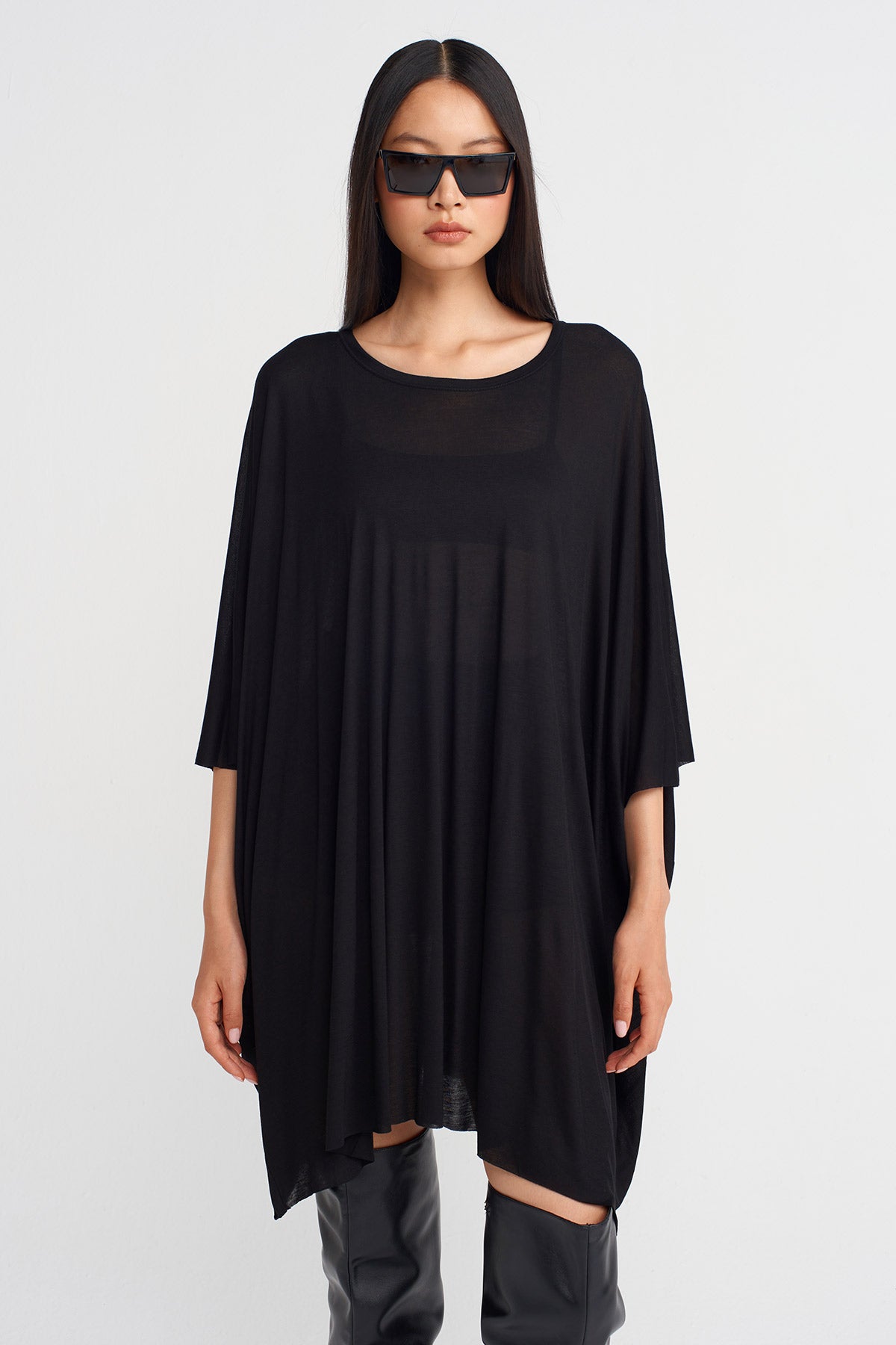 Black Oversized Tunic Bamboo Blouse-K251011085
