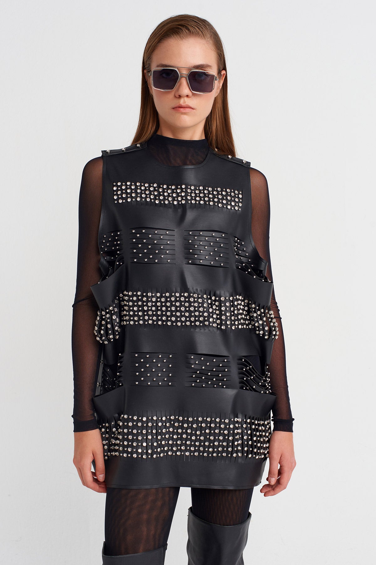 Black Studded Leather Tunic-K251011089
