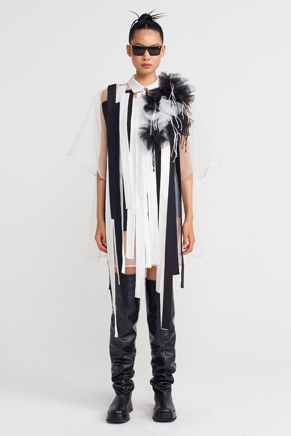 White / Black Striped and Floral Detailed Organza Shirt-K251011094