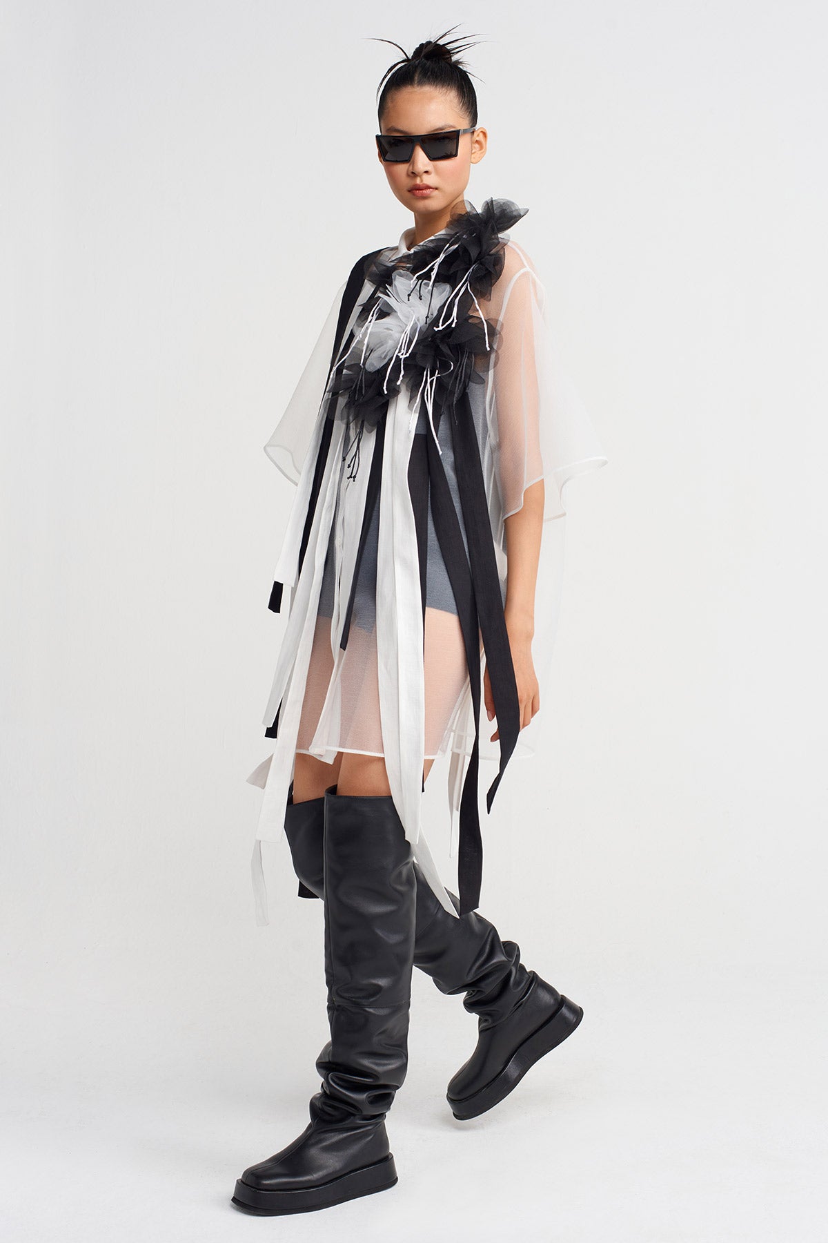 White / Black Striped and Floral Detailed Organza Shirt-K251011094