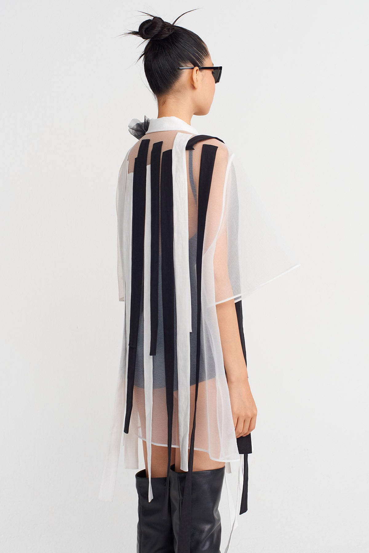 White / Black Striped and Floral Detailed Organza Shirt-K251011094