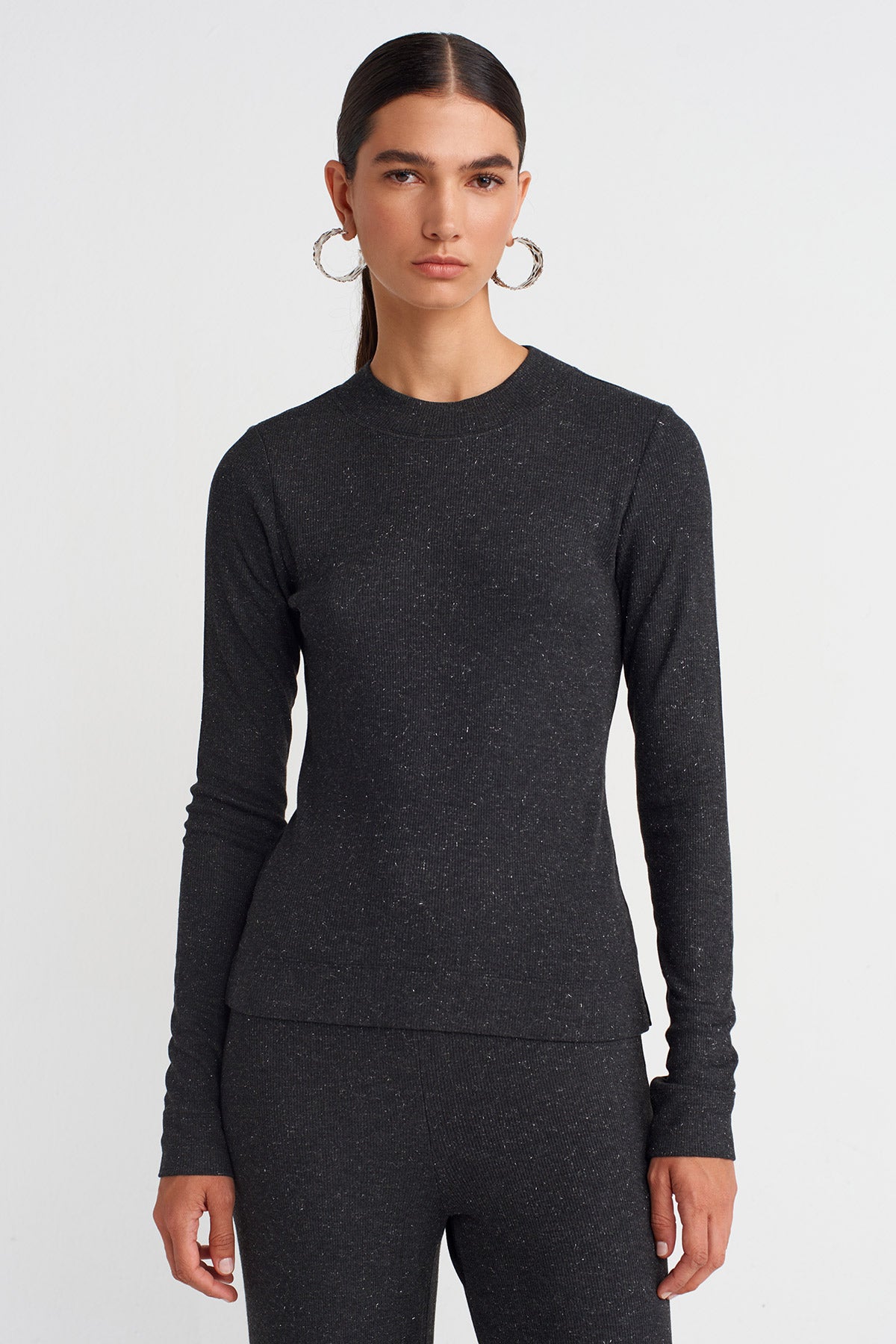 ANTHRACITE MELANGE Metallic Ribbed Knit Blouse-K251011105