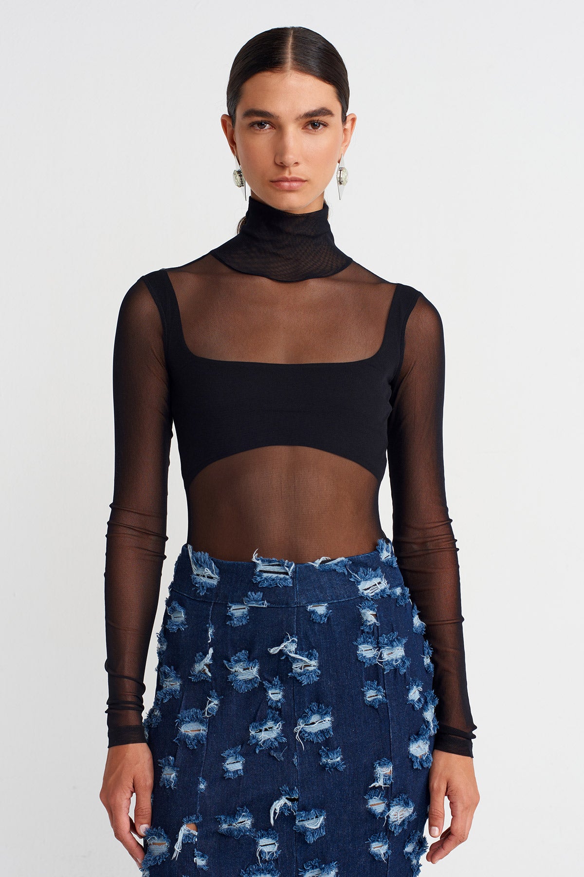 Black Sheer Bodysuit with Inner Bustier -K251011110