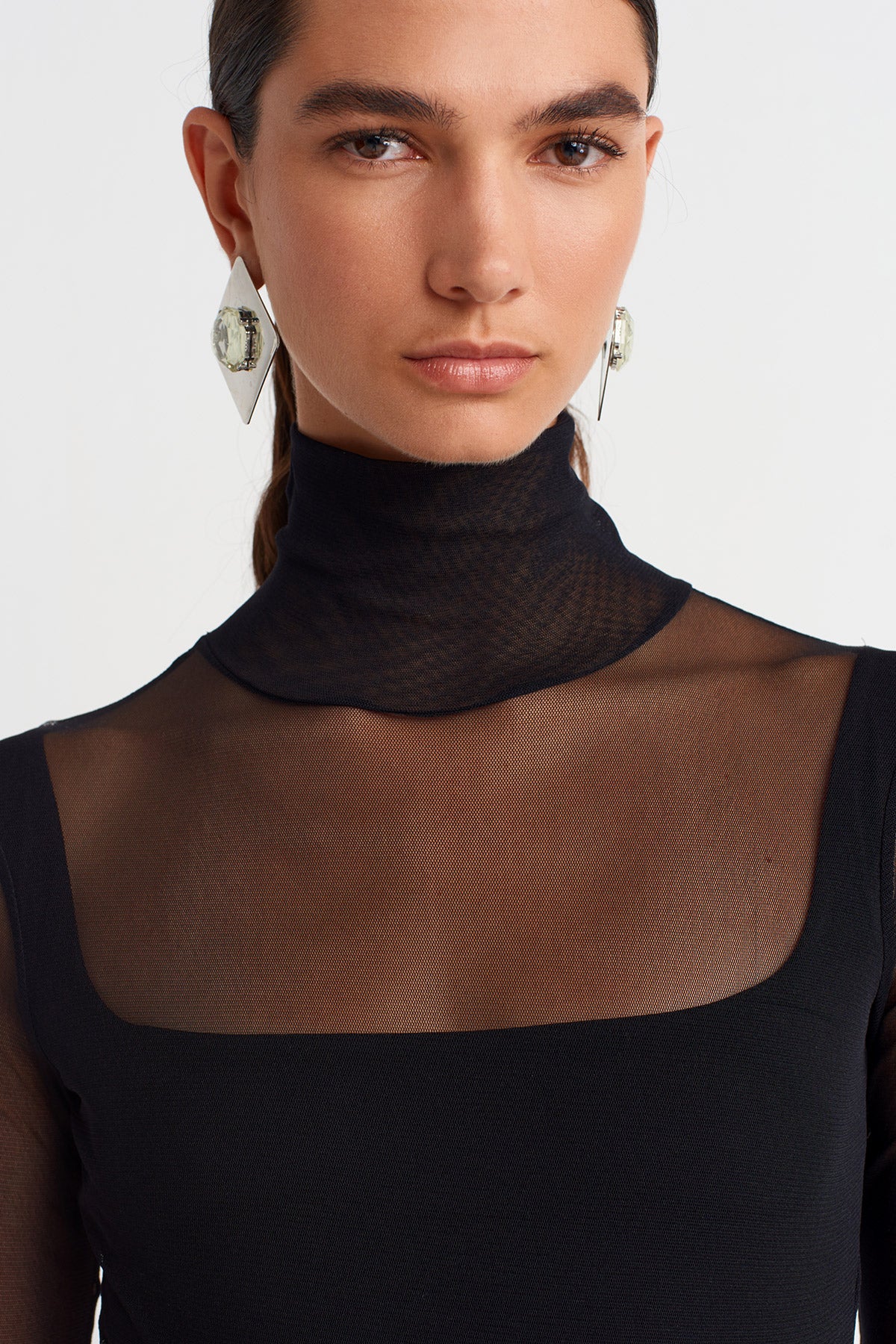 Black Sheer Bodysuit with Inner Bustier -K251011110