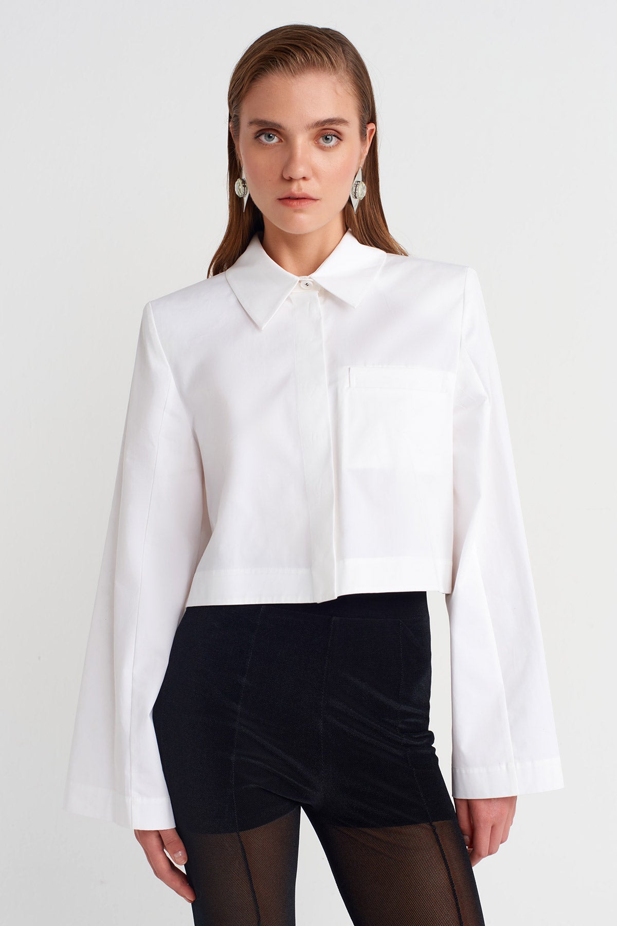 Off White Cropped Shirt with Buttoned Sleeves and Pocket Detail-K251011111