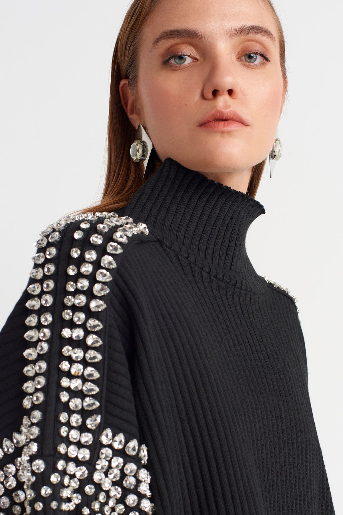 Black Knit Sweater with Stone Embellished Shoulders and Sleeves-K251011113