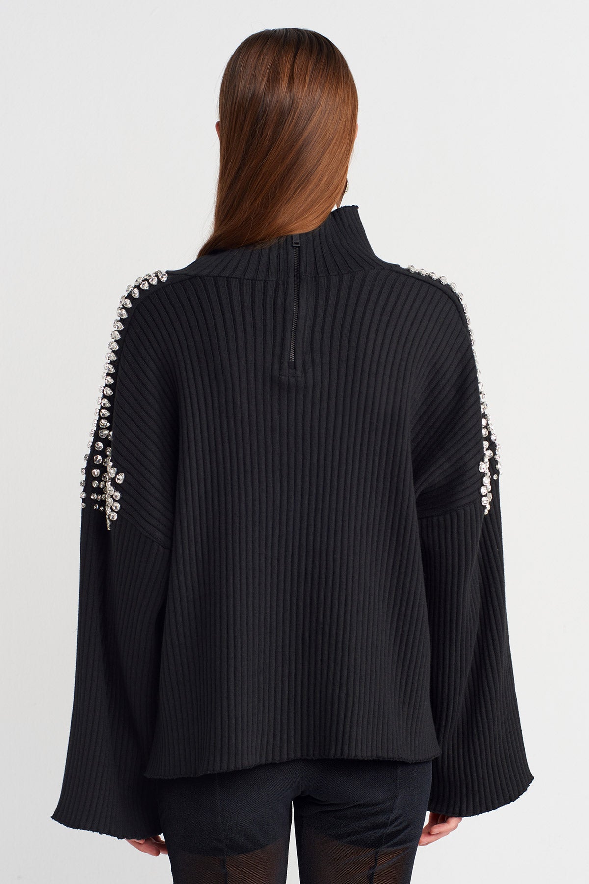 Black Knit Sweater with Stone Embellished Shoulders and Sleeves-K251011113