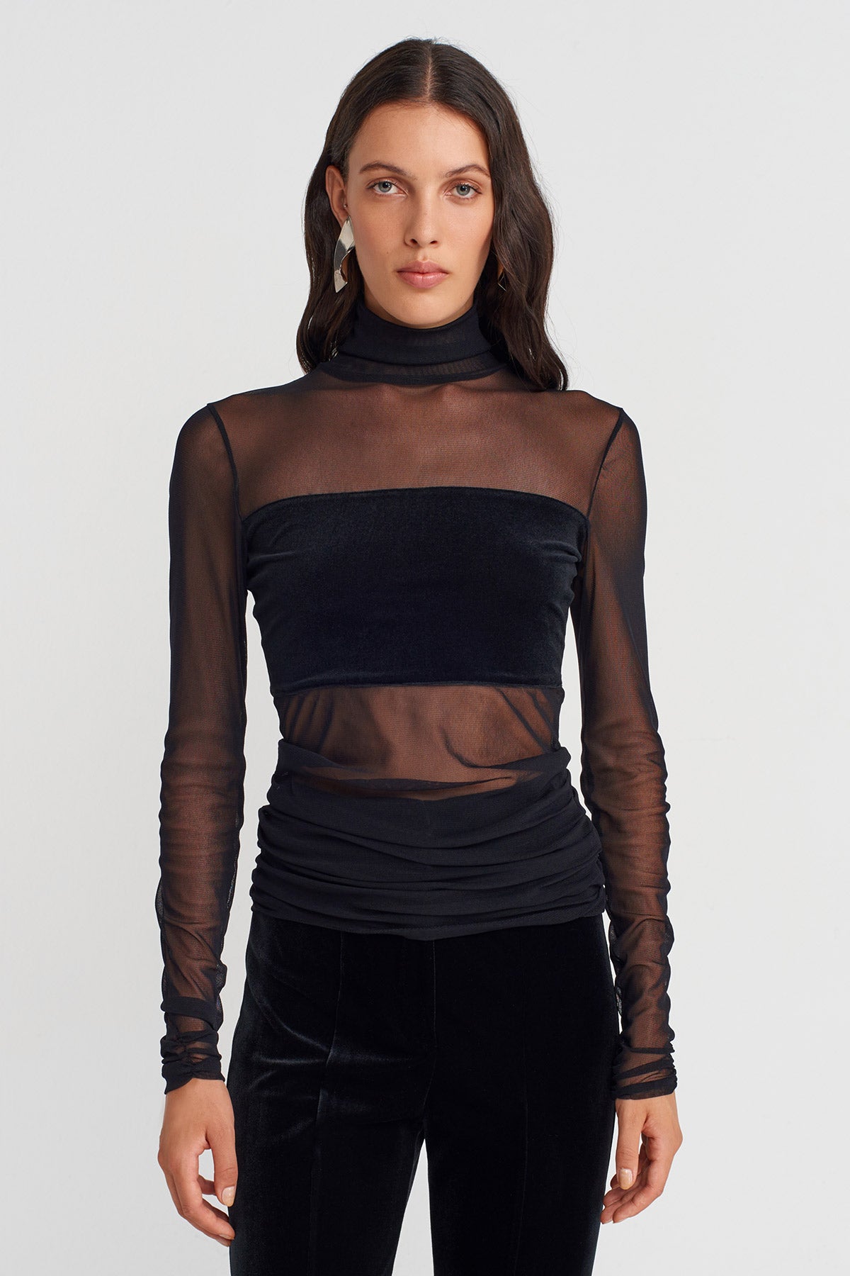Black Velvet Mesh Front Bodysuit-K251011117