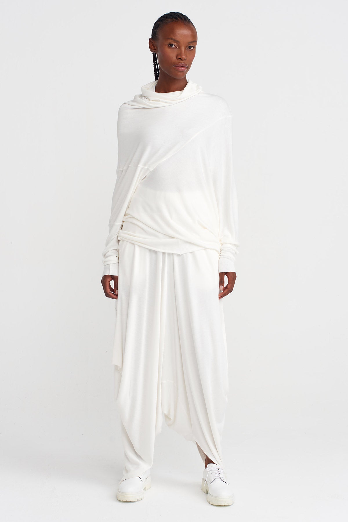 Off White Asymmetric, Drop Sleeve Blouse-K251011121