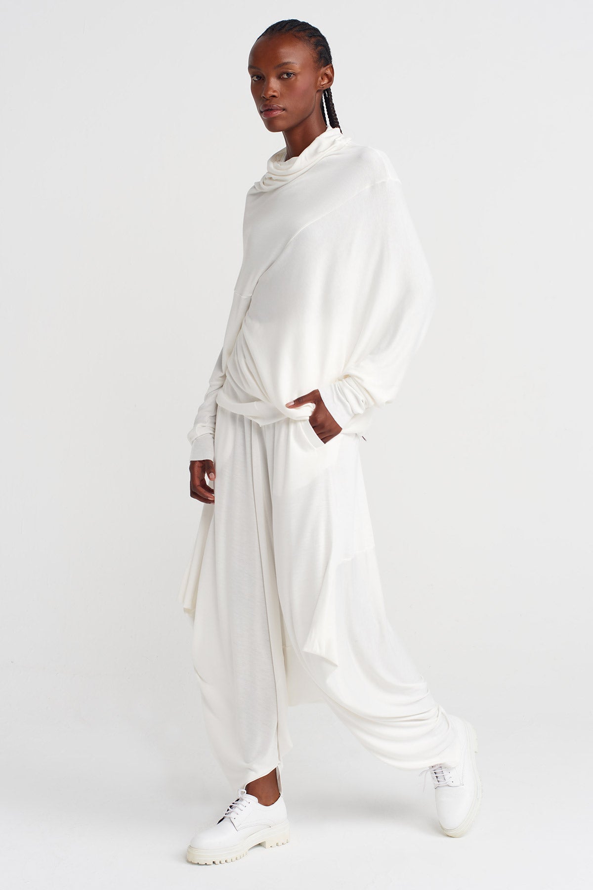 Off White Asymmetric, Drop Sleeve Blouse-K251011121