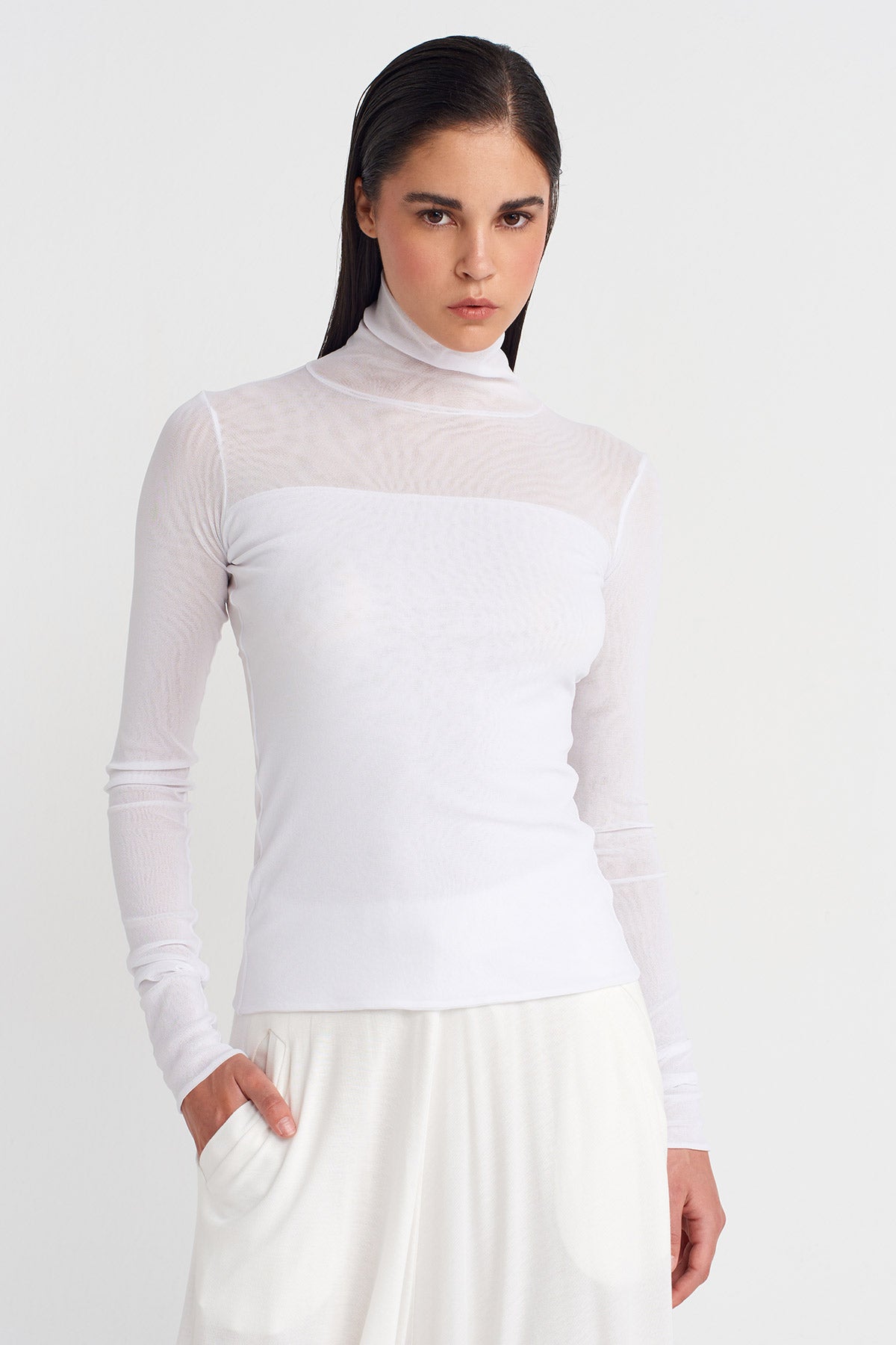 Off White Double-Layered Tulle Bodysuit-K251011124