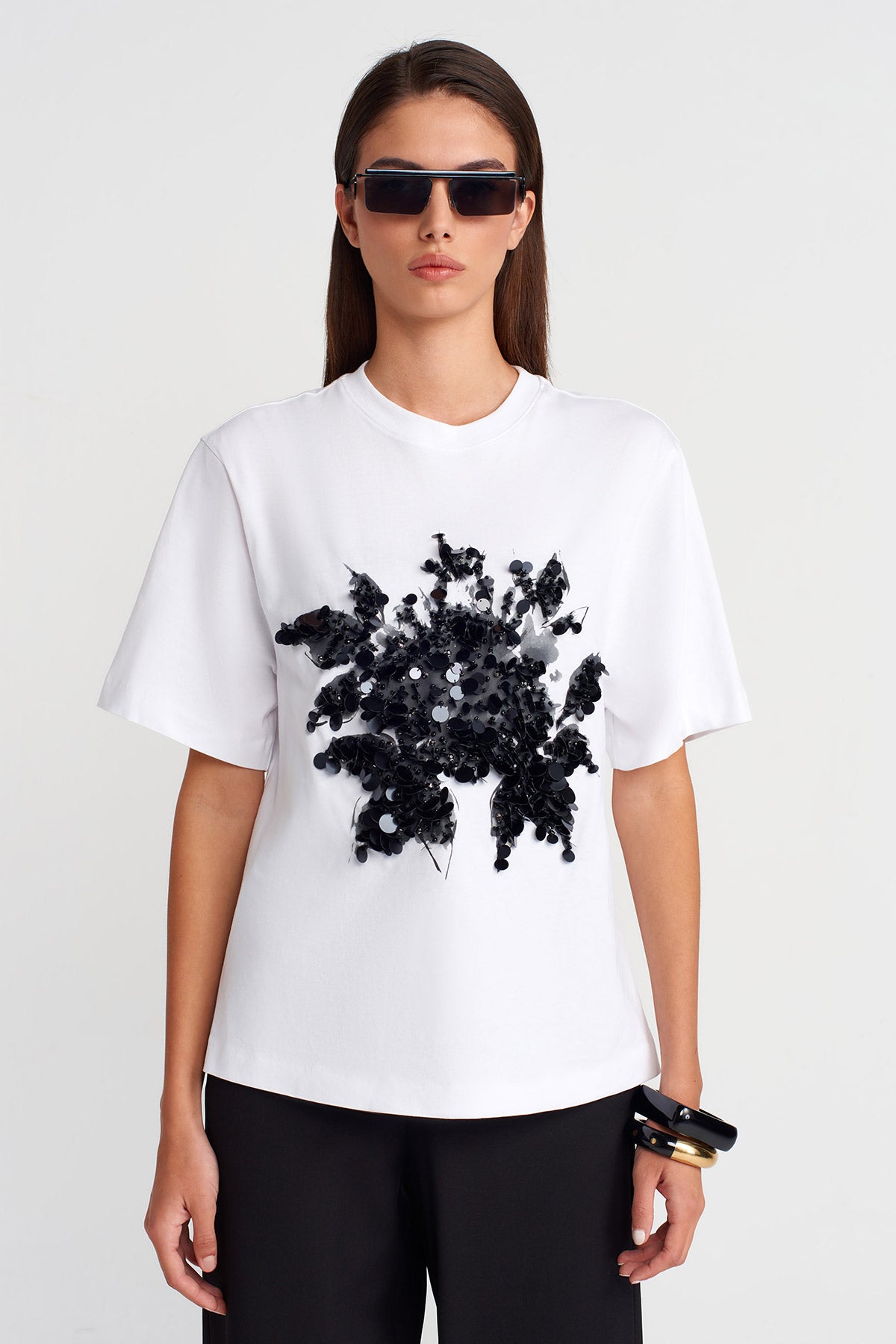 Off White Sequin Embellished Oversized T-Shirt-K251011125