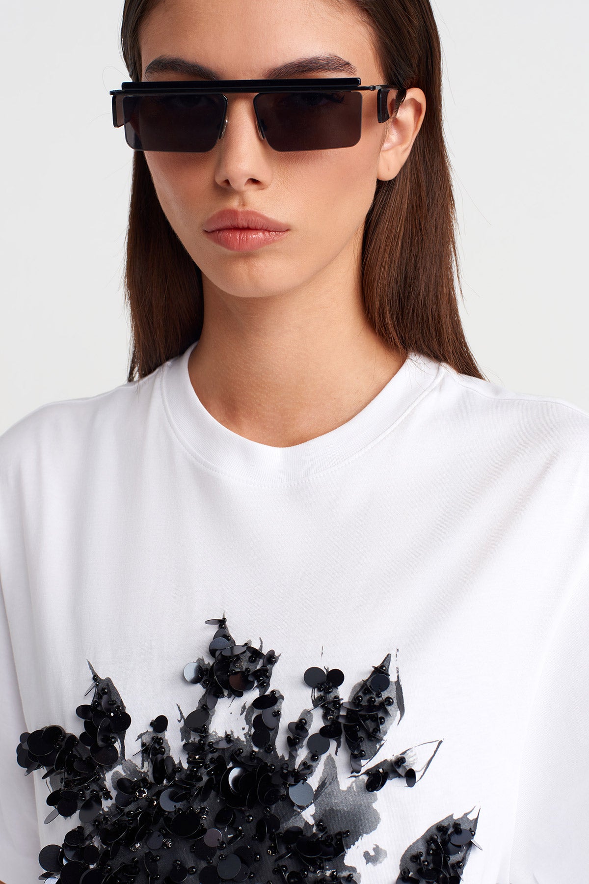 Off White Sequin Embellished Oversized T-Shirt-K251011125