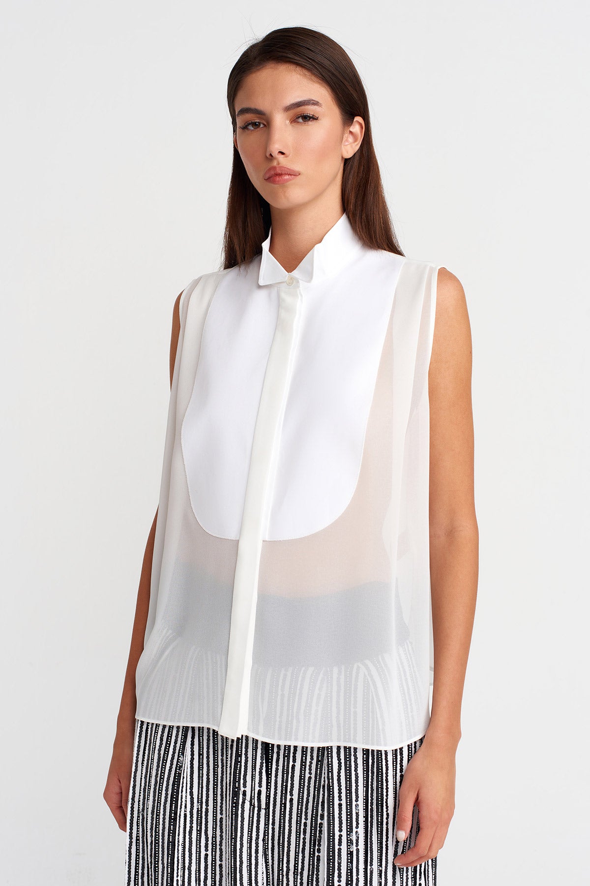 Off White Sleeveless Sheer Chiffon Shirt-K251011130
