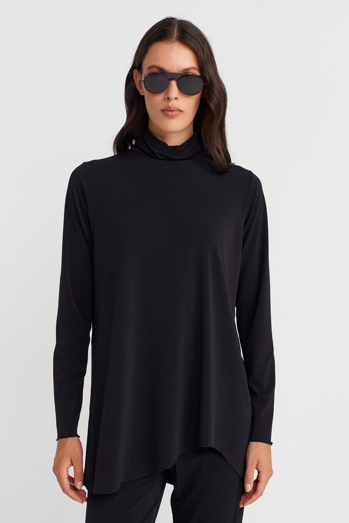 Black Turtleneck Long Sleeve Jersey Blouse-K251011132