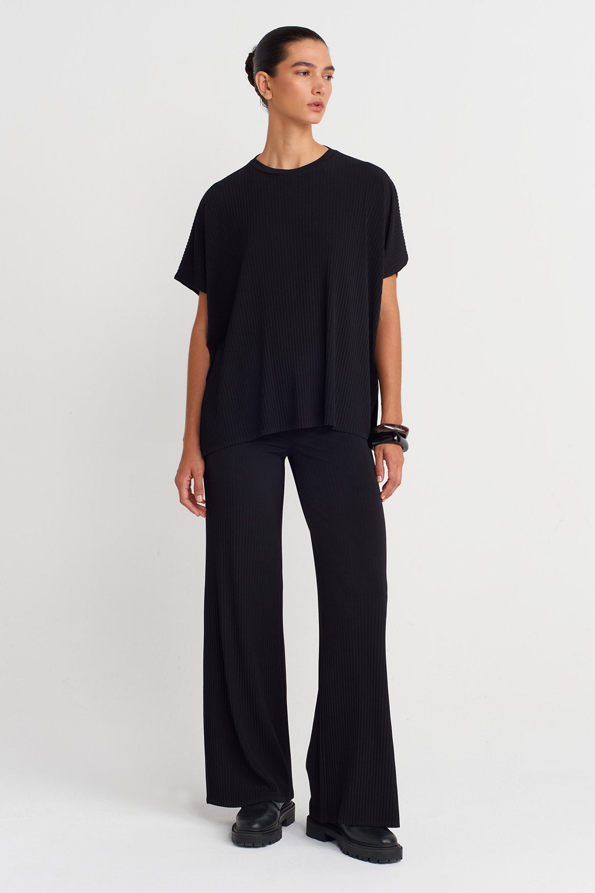 Black Pleated Oversize T-Shirt-K251011137