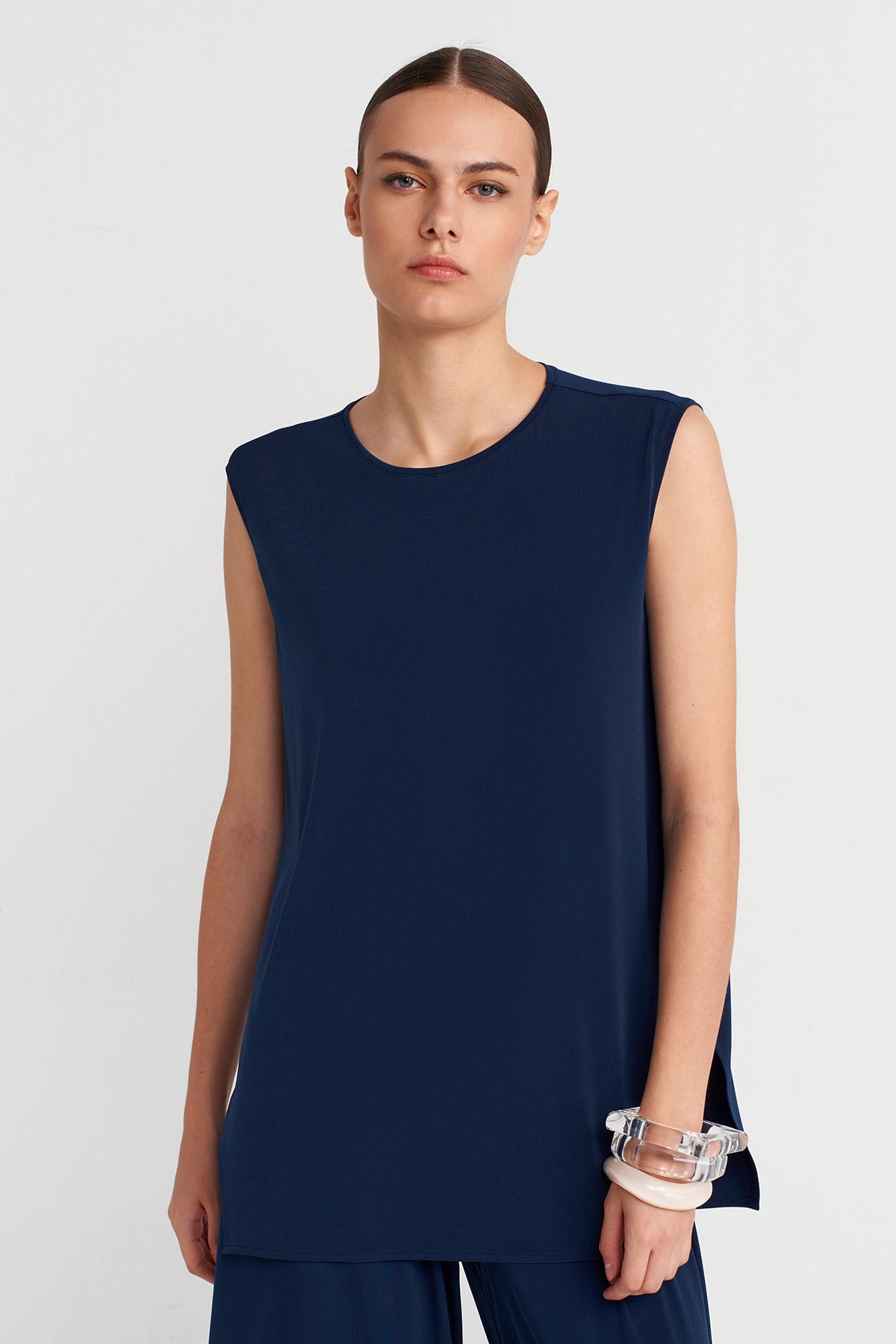Black Blue Side Slit Jersey Blouse-K251011140