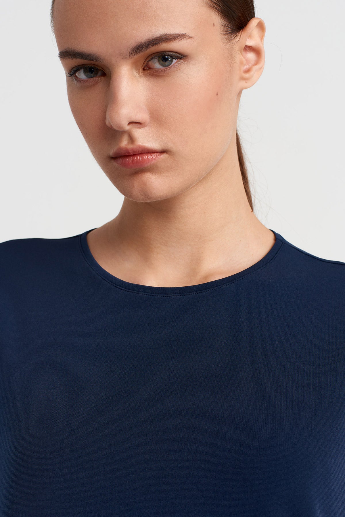 Black Blue Side Slit Jersey Blouse-K251011140