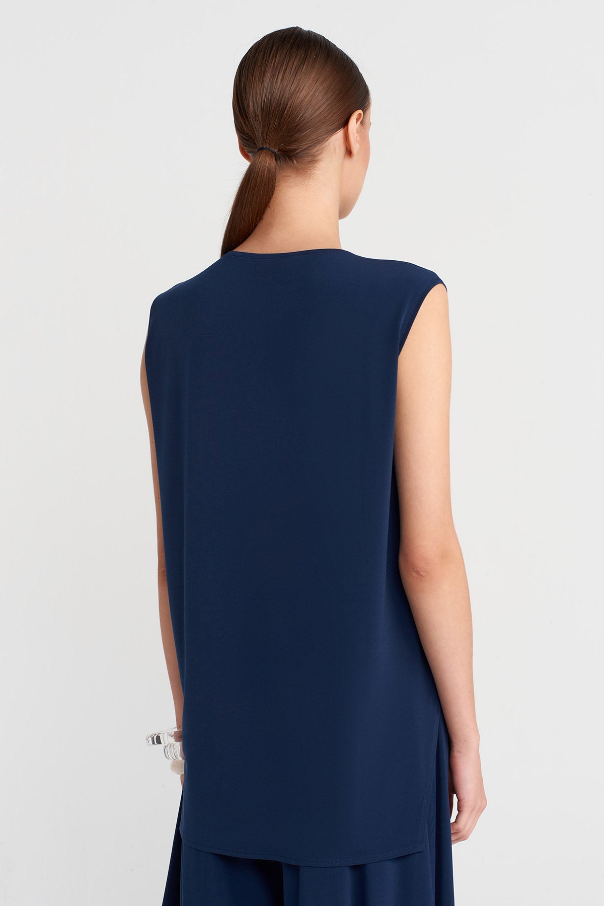 Black Blue Side Slit Jersey Blouse-K251011140