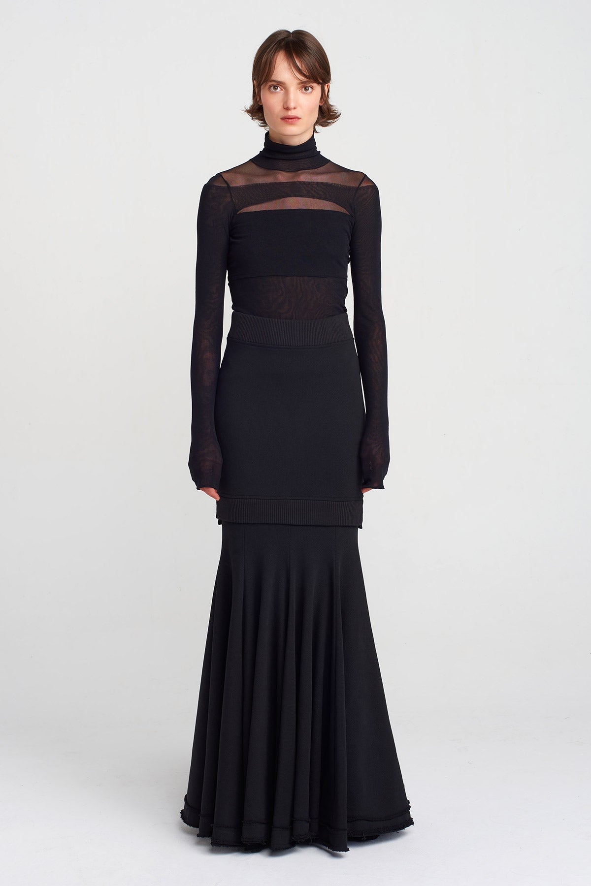 Black Double-Layered Fishtail Skirt-K252012009