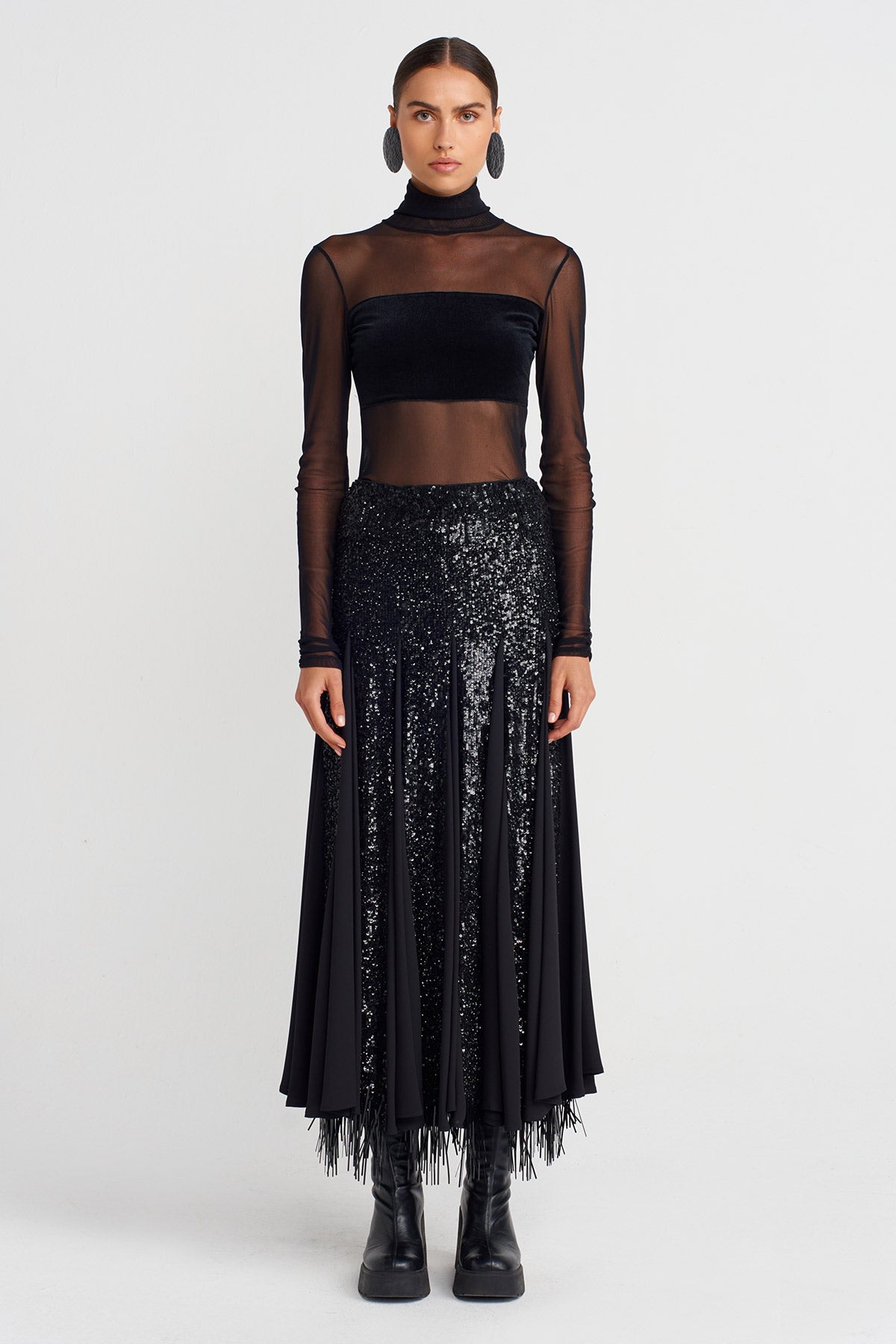 Black Embroidered Sequin Long Elegant Skirt-K252012017