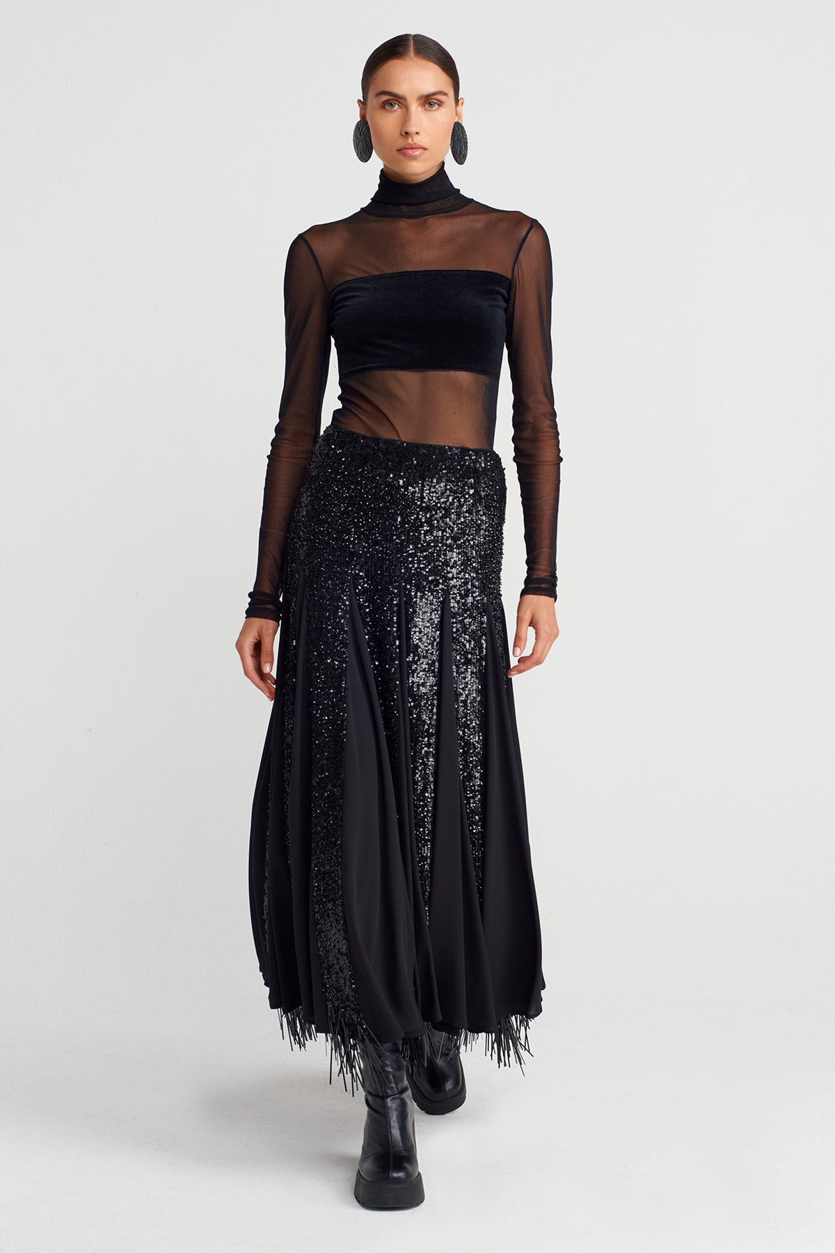 Black Embroidered Sequin Long Elegant Skirt-K252012017
